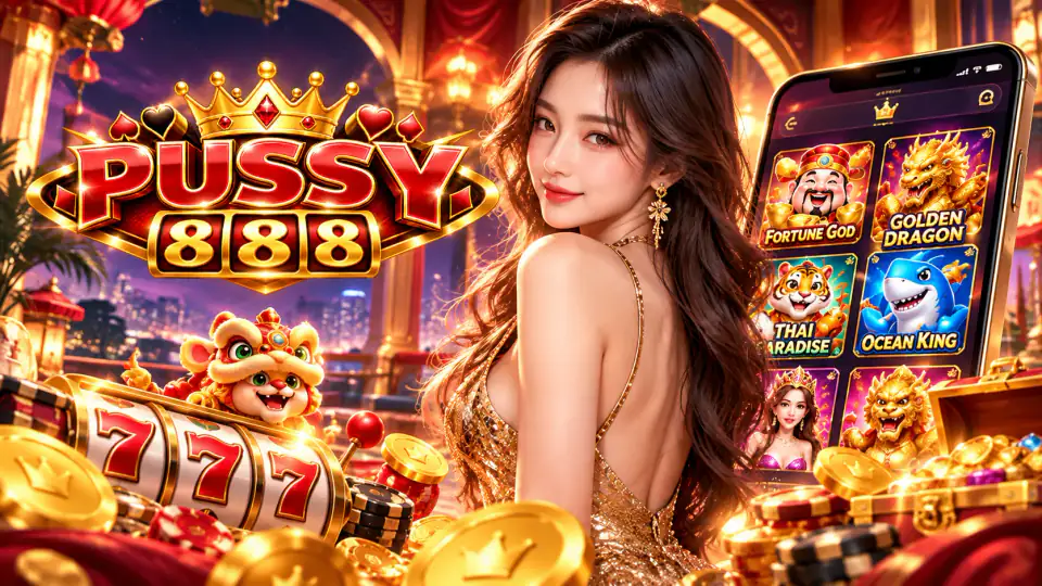 Illustrated Pussy888 promotional artwork with the logo, a smartphone showing game titles, slot reels and casino chips