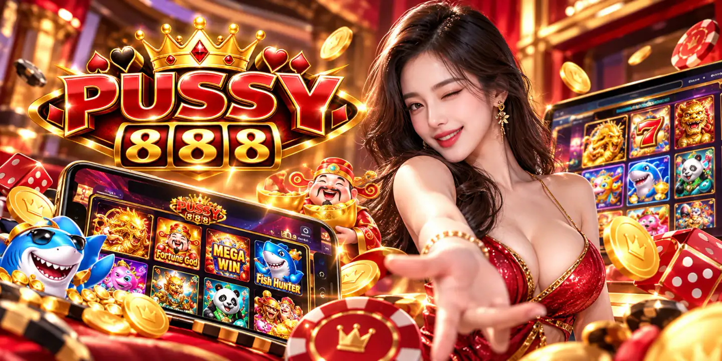 Illustrated Pussy888 promotional artwork showing game tiles on a smartphone and tablet with slot reels, dice and casino chips